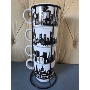Signature Big Cities Stacking 4 Mug Set w/ Metal Rack Skyline Coffee Cups